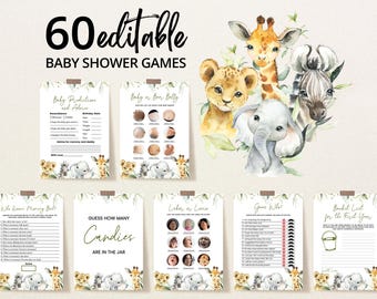 Editable A Little Wild One Baby Shower Game Bundle, Safari Jungle Baby Shower Game Pack, Greenery Safari Animals Baby Shower Games, BBS340