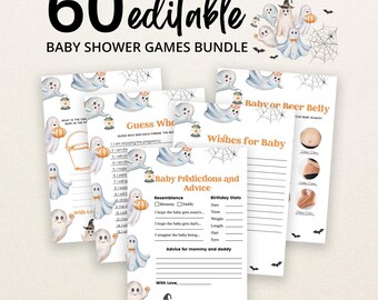 May include: A collection of printable baby shower game cards featuring watercolor illustrations of ghosts, spiderwebs, and bats. The text includes 60 editable baby shower games bundle, Guess Who, Wishes for Baby, and Baby Predictions and Advice.