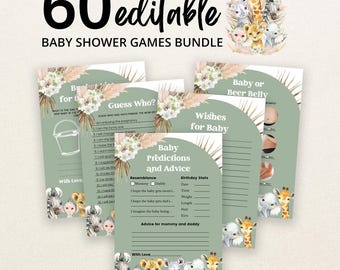 May include: A bundle of 60 editable baby shower game cards featuring sage green arched backgrounds, watercolour illustrations of safari animals, and dried palm leaves. The text includes titles like Baby Predictions and Advice and Guess Who.