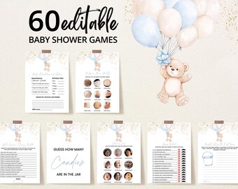 Pacchetto di giochi per baby shower modificabili con palloncino orso bruno, pacchetto di giochi per baby shower It's a Boy We Can Bearly Wait, giochi per baby shower Blue Boy Boho Bear, BBS998