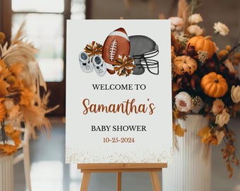 Bearbeitbare Touchdowns und kleine Zehen Babyparty Willkommensschild, Fußball-Babypartyplakat, Paare-Babypartydekor, BBS841
