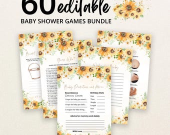 May include: A bundle of 60 editable baby shower game cards featuring sunflower illustrations. The cards include titles such as Baby Predictions and Advice, Guess Who, and Bucket List, with printed lines for writing responses and checkboxes for selection.