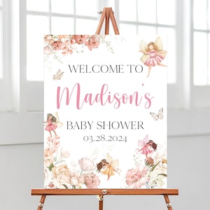 Letrero de bienvenida editable para baby shower de hada pequeña, póster de hada de flores silvestres, decoración de hada rosa para baby shower de niña, BBS632