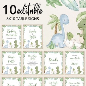 May include: Set of 10 editable 8x10 table signs with a dinosaur theme. Each sign features a watercolor illustration of dinosaurs and tropical foliage. Text includes "Babies are sweet," "Books & Gifts," and "Diaper Raffle."