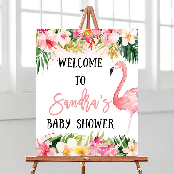 Editable Floral Flamingo Baby Shower Welcome Sign, Tropical Flamingo Baby Shower Poster, Pink Floral Flamingo Baby Shower Welcome, BBS150