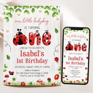 Puede incluir: Una invitación imprimible para un primer cumpleaños. La invitación tiene un tema de mariquita con mariquitas rojas y negras y las palabras "our little ladybug is turning one". La invitación también incluye el nombre del niño, "Isabel's 1st Birthday", y la fecha y hora de la fiesta.