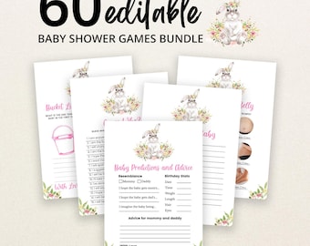 Könnte beinhalten: Ein Set aus 60 bearbeitbaren Babyparty-Spielkarten mit einer Aquarellillustration eines Kaninchens mit Blumenkranz. Die weißen Karten enthalten rosa und schwarzen Text wie Baby Predictions and Advice, Bucket List und verschiedene Aufgaben.