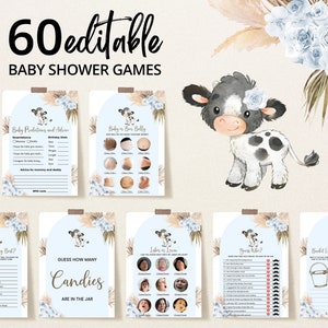 Bewerkbare heilige koe baby shower spelbundel, jongen blauwe koe baby shower game pack, Boho koe baby shower games, Pampas gras koe, BBS384