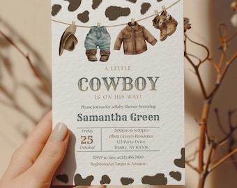 Edytowalne zaproszenie na baby shower z motywem małego kowboja, zaproszenie na baby shower w stylu Dzikiego Zachodu, brązowe zaproszenie na baby shower z motywem kowboja, Rodeo Baby BBS719