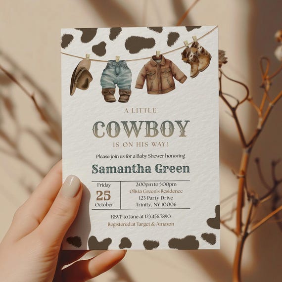 Editable A Little Cowboy Baby Shower Invitation, Wild West Baby Shower Invite, Brown Cowboy Baby Shower Invitation, Rodeo Baby BBS719