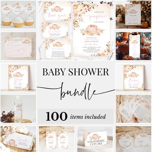 Bearbeitbares kleines Kürbis-Babyparty-Bundle, Herbst-Rustikales Blumenkürbis-Dusche-Einladungspaket, Mädchen-Rosa-Kürbis-Dusche-Spielpaket, BBS442