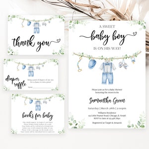 Bearbeitbar Es ist ein Jungen-Baby-Kleidung-Babyparty-Einladungs-Bundle, blaue Wäsche-Babyparty-Einladungspackung, Wäscheleine-Dusche-Einladung, BBS717