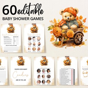 Pacchetto giochi modificabile Falling in Love Bear Baby Shower, pacchetto giochi Bear Pumpkin Fall Baby Shower, giochi Autumn Bear Baby Shower, BBS849