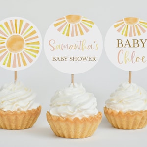 Editable Sunshine Baby Shower Cupcake Topper, A Little Ray of Sunshine Shower Cake Topper, Girl Sun Boho Shower Decor,  BBS397