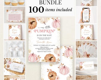 Edytowalny zestaw na baby shower z małą dynią dla dziewczynki, pakiet zaproszeń na baby shower z różową, kwiatową dynią, biało-różowo-pomarańczowy zestaw do gry z dynią, BBS920