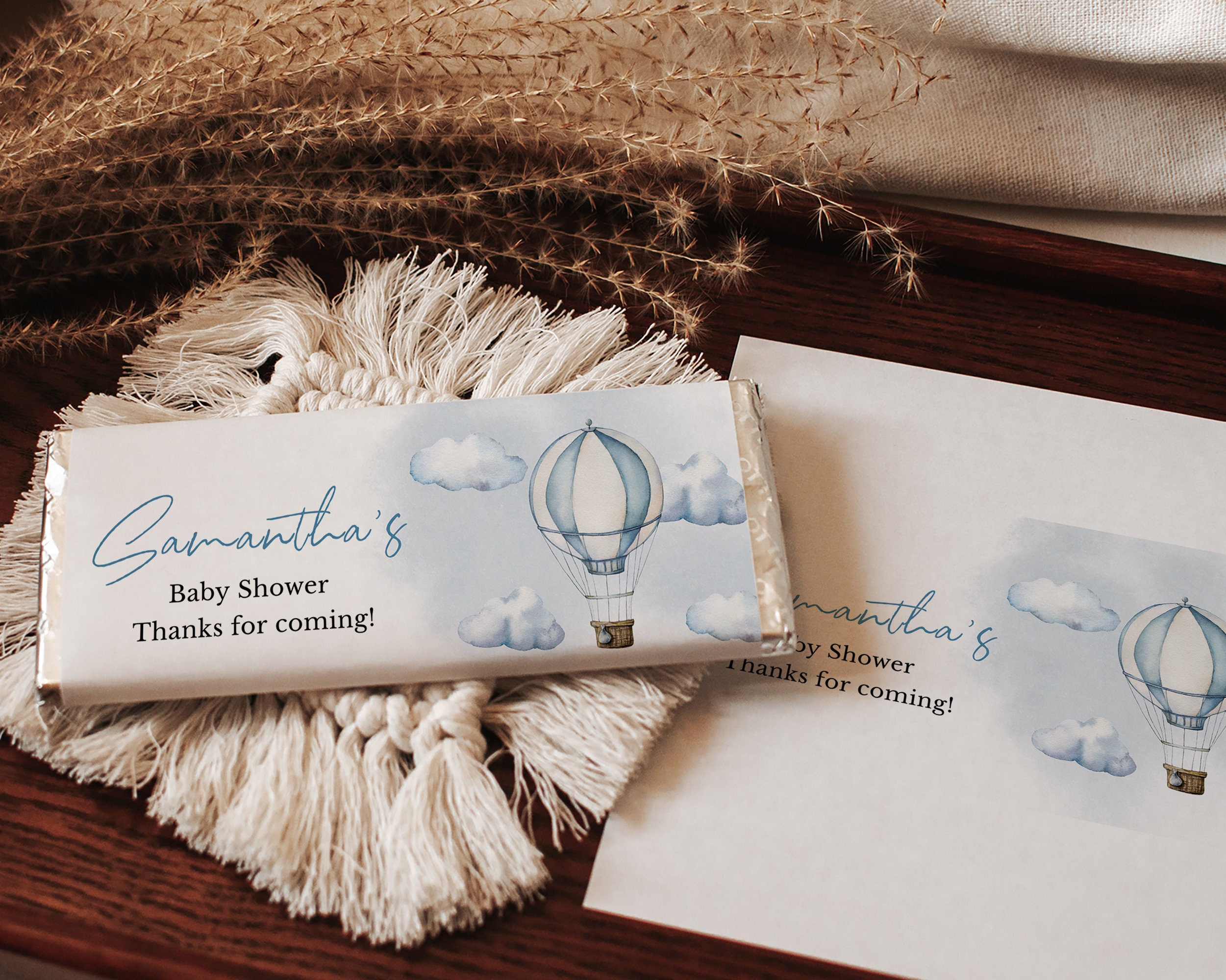 Editable Adventure Awaits Baby Shower Chocolate Wrapper, Blue Hot Air ...