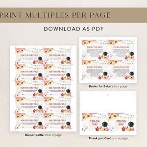 May include: Printable baby shower cards with a picnic theme. The cards include a diaper raffle, books for baby, and thank you cards. The cards are designed with sunflowers, red and white gingham, and string lights.