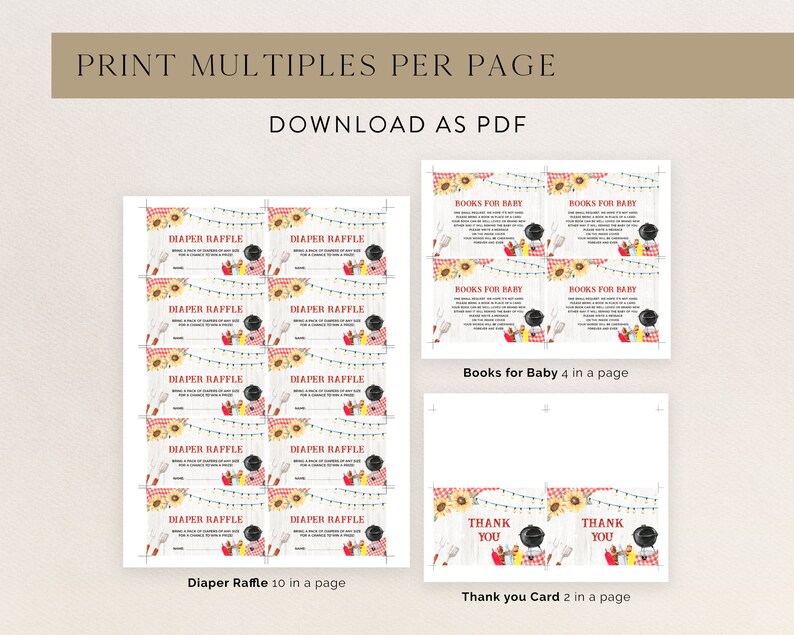 May include: Printable baby shower cards with a picnic theme. The cards include a diaper raffle, books for baby, and thank you cards. The cards are designed with sunflowers, red and white gingham, and string lights.