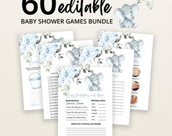 Editable Elephant Baby Shower Game Bundle, Blue Floral Elephant Baby Shower Games, Floral Elephant Baby Shower Activities, BBS259