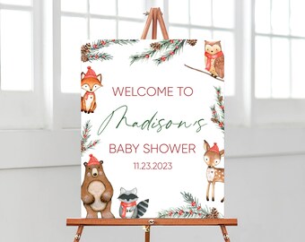 Bearbeitbares Winter Waldland Babyparty Willkommensschild, Weihnachtswald Babyparty Poster, geschlechtsneutrales Waldduschendekor, BBS541