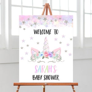 Editable Unicorn Baby Shower Welcome Sign, Unicorn Baby Shower Poster, Purple Silver Winter Unicorn Baby Shower Decoration, BBS146