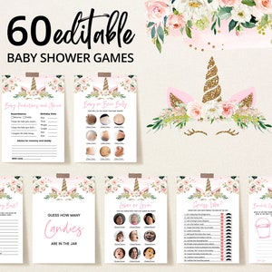 Editable Unicorn Baby Shower Game Bundle, Floral Unicorn Baby Shower Games, Pink Gold Floral Unicorn Baby Shower Games, BBS147