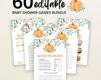 Anpassbares Babyparty-Spielpaket mit Kürbismotiven in Orange, geschlechtsneutrales Kürbis-Babyparty-Spielpaket, Kürbis-Babyparty-Spiele, BBS836