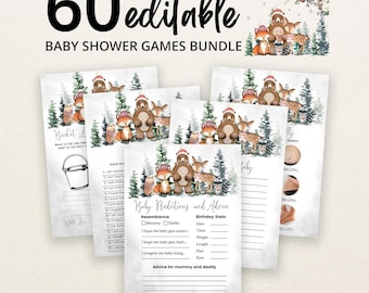 Op de afbeelding: Een bundel van 60 bewerkbare babyshower-spelkaarten met aquarelillustraties van bosdieren, waaronder een beer, vos en hert met wintermutsen. De kaarten bevatten tekst zoals Baby Predictions and Advice en Bucket List.