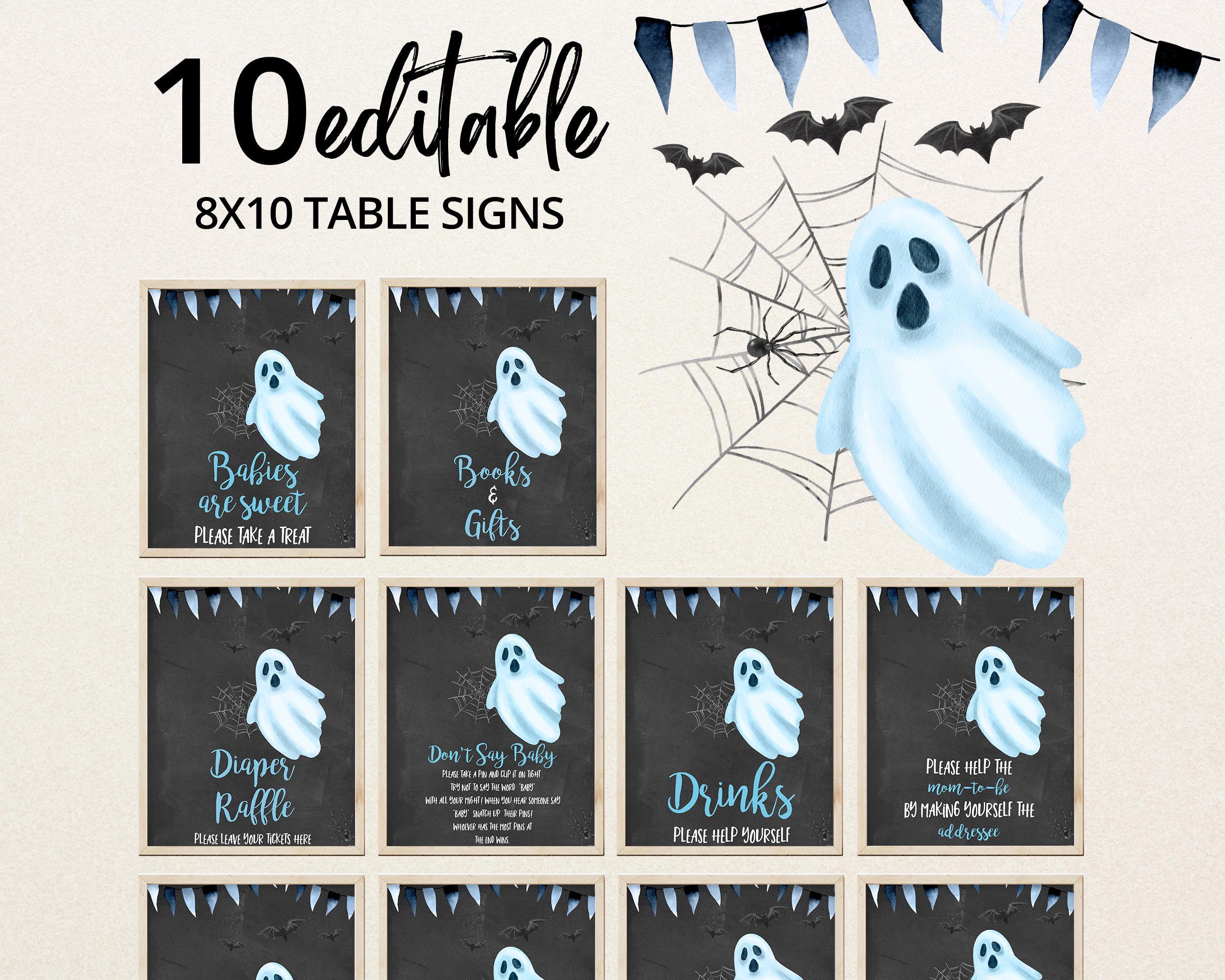 Editable Oh Sheet It's a Boo-y Baby Shower Table Sign, Blue Halloween Babies are Sweet Favors, Boy Ghost Halloween Diaper Raffle, BBS277