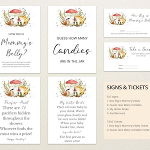 May include: Printable baby shower game signs with a woodland theme. The signs include "How Big is Mommy's Belly?", "Guess How Many Candies Are in the Jar", "My Water Broke", and "Pacifier Hunt".