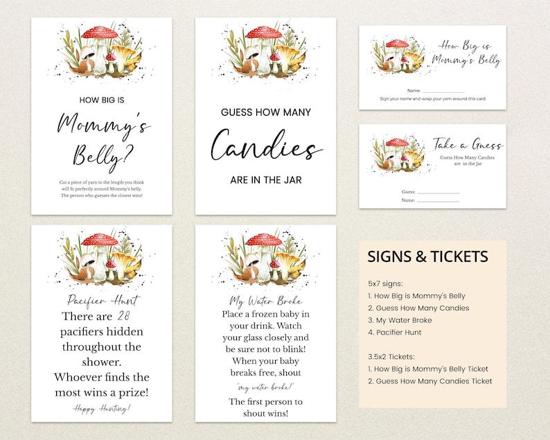 May include: Printable baby shower game signs with a woodland theme. The signs include "How Big is Mommy's Belly?", "Guess How Many Candies Are in the Jar", "My Water Broke", and "Pacifier Hunt".
