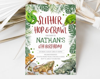 Editable Reptile Birthday Invitation, Slither, Hop and Crawl Invite, Snake Crawly Nature Theme Outdoor Birthday Invite, BRT138