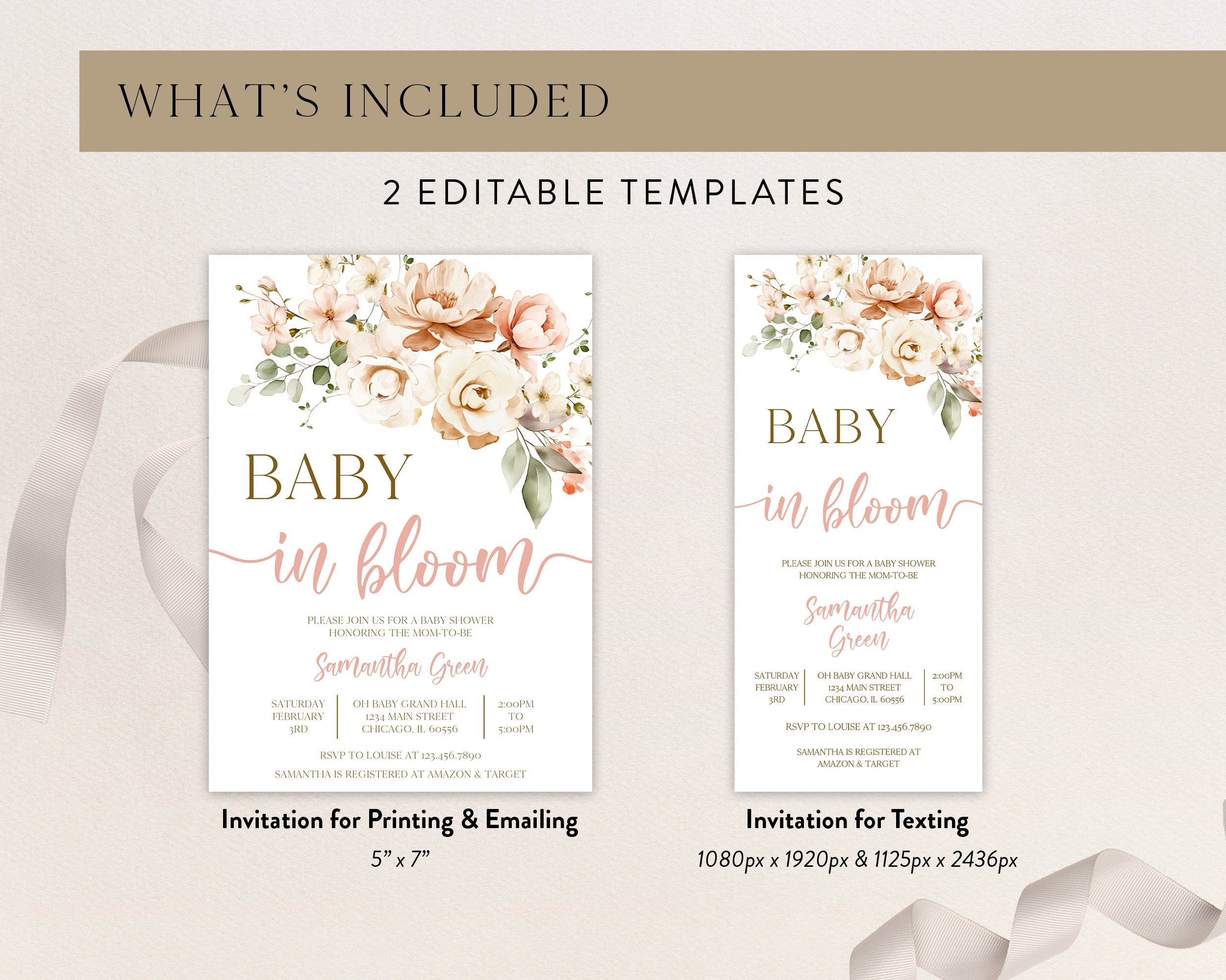 Spring Invitations Bloom Editable Baby in Bloom Baby Shower Invitation Bundle, Spring Flowers ...