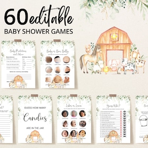 Redigerbart könsneutralt bondgårds-babyshowerspelpaket, grönskande bondgårds-babyshowerspelpaket, rustika ladugårdsduschspel, BBS647