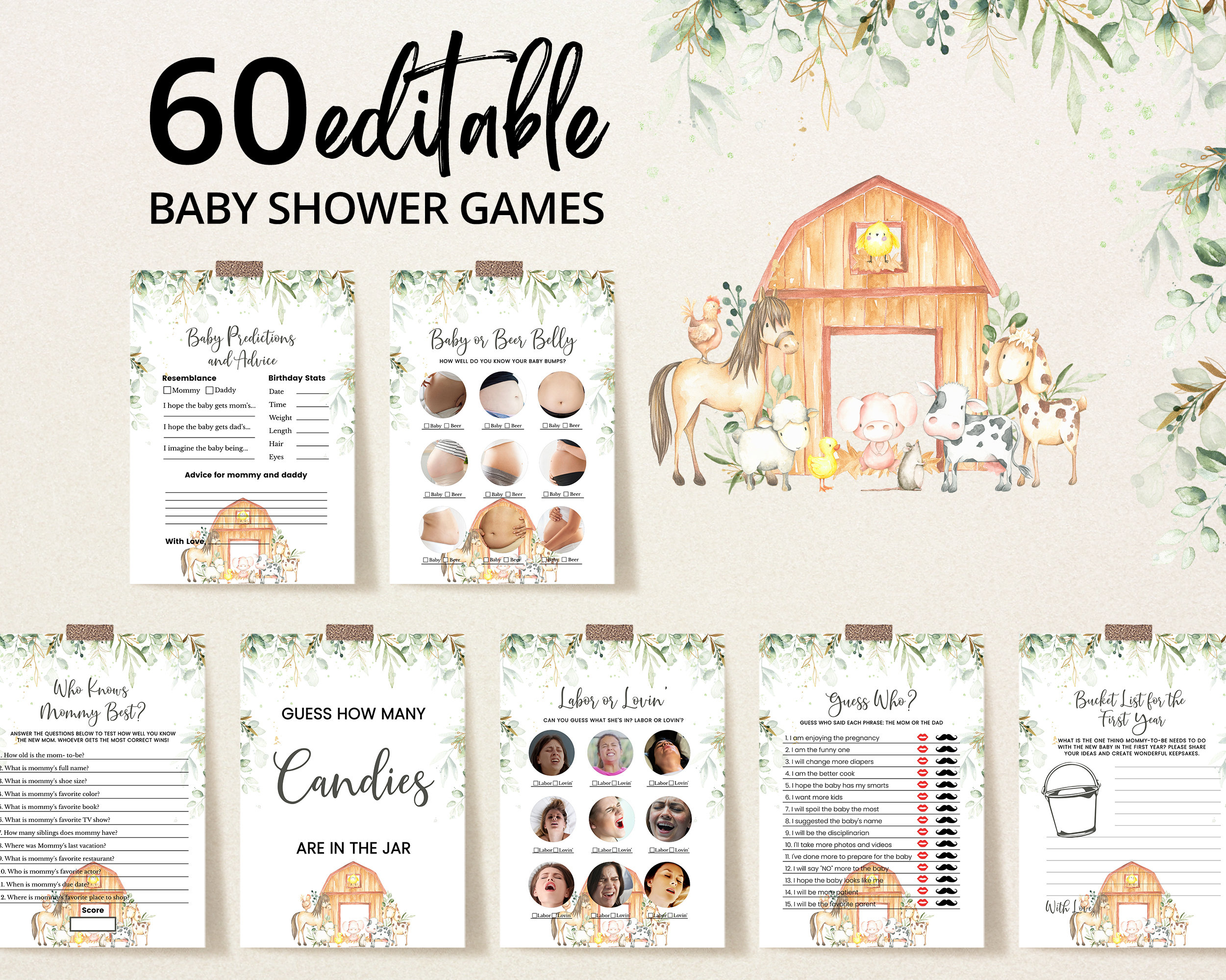 Editable Gender Neutral Farm Baby Shower Game Bundle, Greenery Farm Baby  Shower Game Pack, Rustic Barnyard Shower Games, BBS647 - Etsy