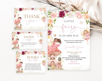 May include: A set of baby shower stationery featuring a large invitation, thank you card, diaper raffle card, and books for baby card. The designs include watercolor illustrations of fairies, mushrooms, and floral accents in pink and burgundy.