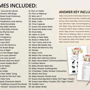 May include: A list of games and activities for a baby shower, with a watercolor illustration of a mushroom and a squirrel. The list includes games like "Baby Around the World", "Baby Shower Gift Bingo", "Baby Book Emoji Pictionary", and "Baby Name Race".