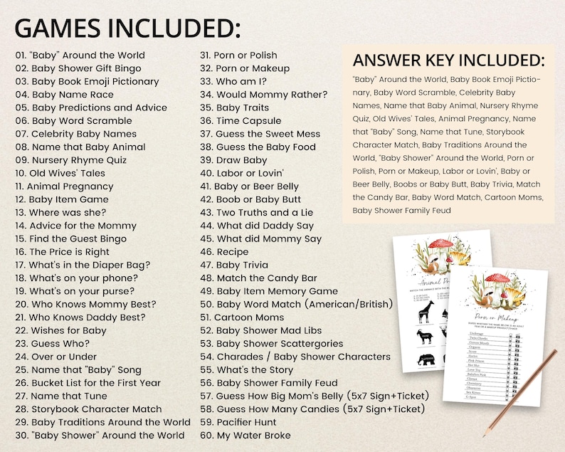 May include: A list of games and activities for a baby shower, with a watercolor illustration of a mushroom and a squirrel. The list includes games like "Baby Around the World", "Baby Shower Gift Bingo", "Baby Book Emoji Pictionary", and "Baby Name Race".