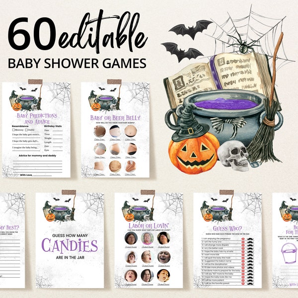 Editable A Baby is Brewing Halloween Baby Shower Game Bundle, Gender Neutral Halloween Baby Shower Game Pack, Witch Baby Shower Games,BBS417