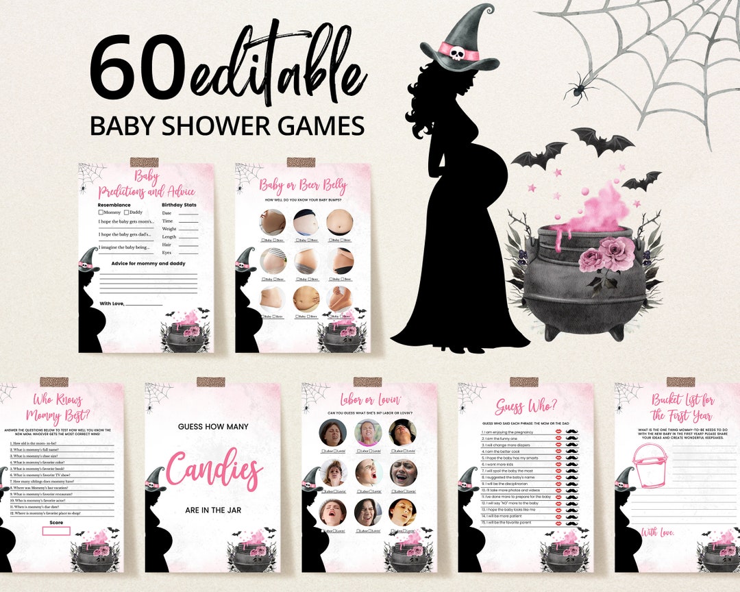 Editable A Baby is Brewing Pink Halloween Baby Shower Game Bundle, Girl