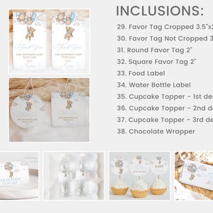 May include: A set of printable baby shower party decorations featuring a teddy bear holding balloons. The set includes favor tags, cupcake toppers, a chocolate wrapper, and labels for food and water bottles. The design is in blue and brown with a watercolor effect.