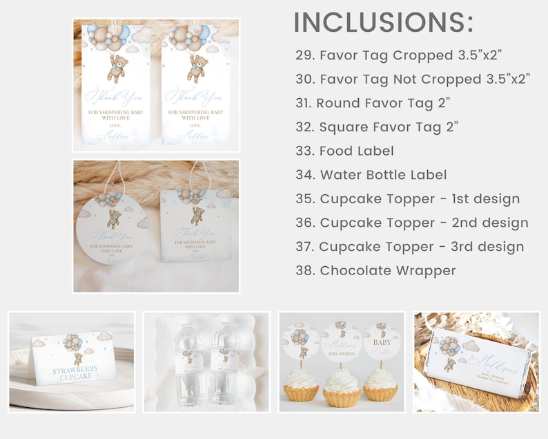 May include: A set of printable baby shower party decorations featuring a teddy bear holding balloons. The set includes favor tags, cupcake toppers, a chocolate wrapper, and labels for food and water bottles. The design is in blue and brown with a watercolor effect.