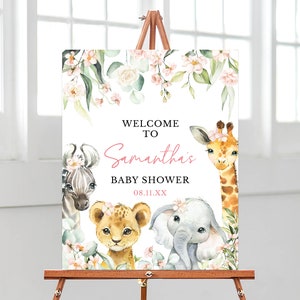 Cartel de bienvenida para baby shower de una niña salvaje, diseño de selva, editable, con animales de safari y flores verdes, BBS393
