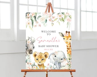 May include: A baby shower welcome sign featuring watercolor illustrations of a zebra, lion, giraffe, and elephant. The sign includes the text "Welcome to Samantha's Baby Shower" and the date 08.11.XX, surrounded by floral accents.