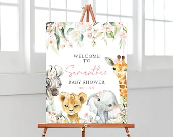 Editable A Little Wild One Girl Jungle Baby Shower Welcome Sign, Greenery Floral Safari Jungle Animals Baby Shower Welcome Poster, BBS393