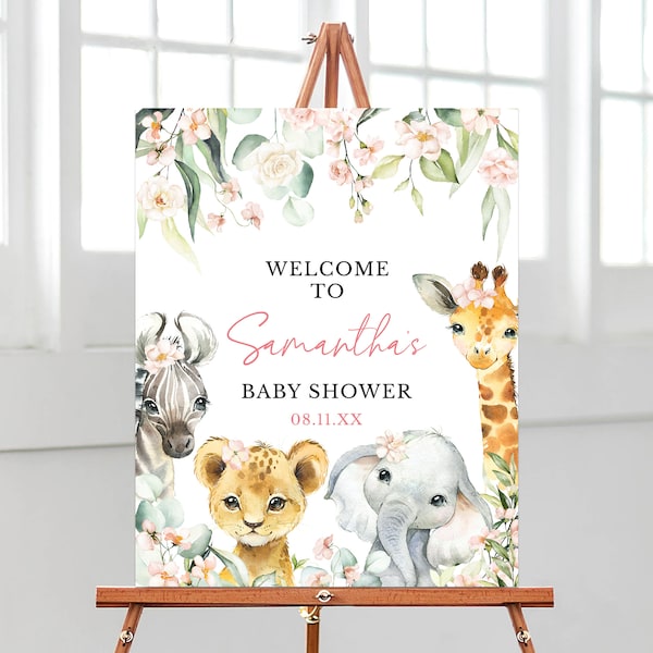 Editable A Little Wild One Girl Jungle Baby Shower Welcome Sign, Greenery Floral Safari Jungle Animals Baby Shower Welcome Poster, BBS393
