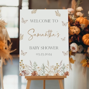 Bearbeitbares Herbst-Wildblumen-Babyparty-Willkommensschild, Wildblumen-Schmetterling-Babyparty-Poster, Herbst-Schmetterling-Babypartydekor, BBS847
