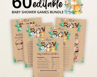 May include: A bundle of 60 editable baby shower game cards on kraft paper featuring watercolour jungle animals including a monkey, giraffe, elephant, and lion. The text reads 60 editable baby shower games bundle, it's a boy, and baby predictions and advice.