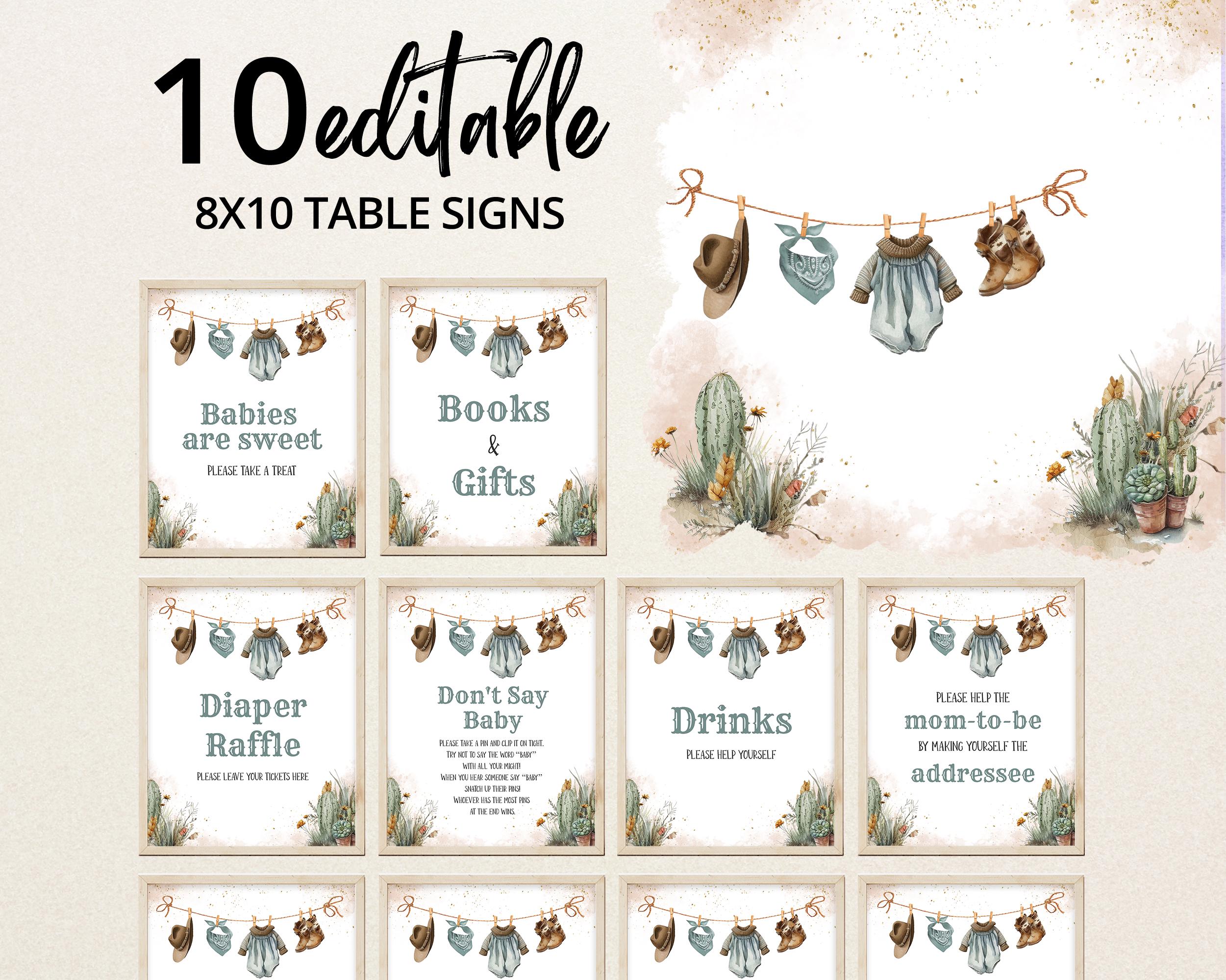 Cartello modificabile "A Little Cowboy Baby Shower", Bomboniere per bambini del selvaggio West, Lotteria dei pannolini da cowboy blu e marrone, Cactus da rodeo BBS1066