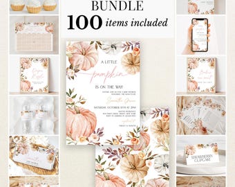 May include: A baby shower bundle featuring 100 items with a pumpkin theme. The set includes invitations, signs, cupcake toppers, water bottle labels, and game cards, all decorated with watercolour illustrations of pumpkins and autumn foliage.
